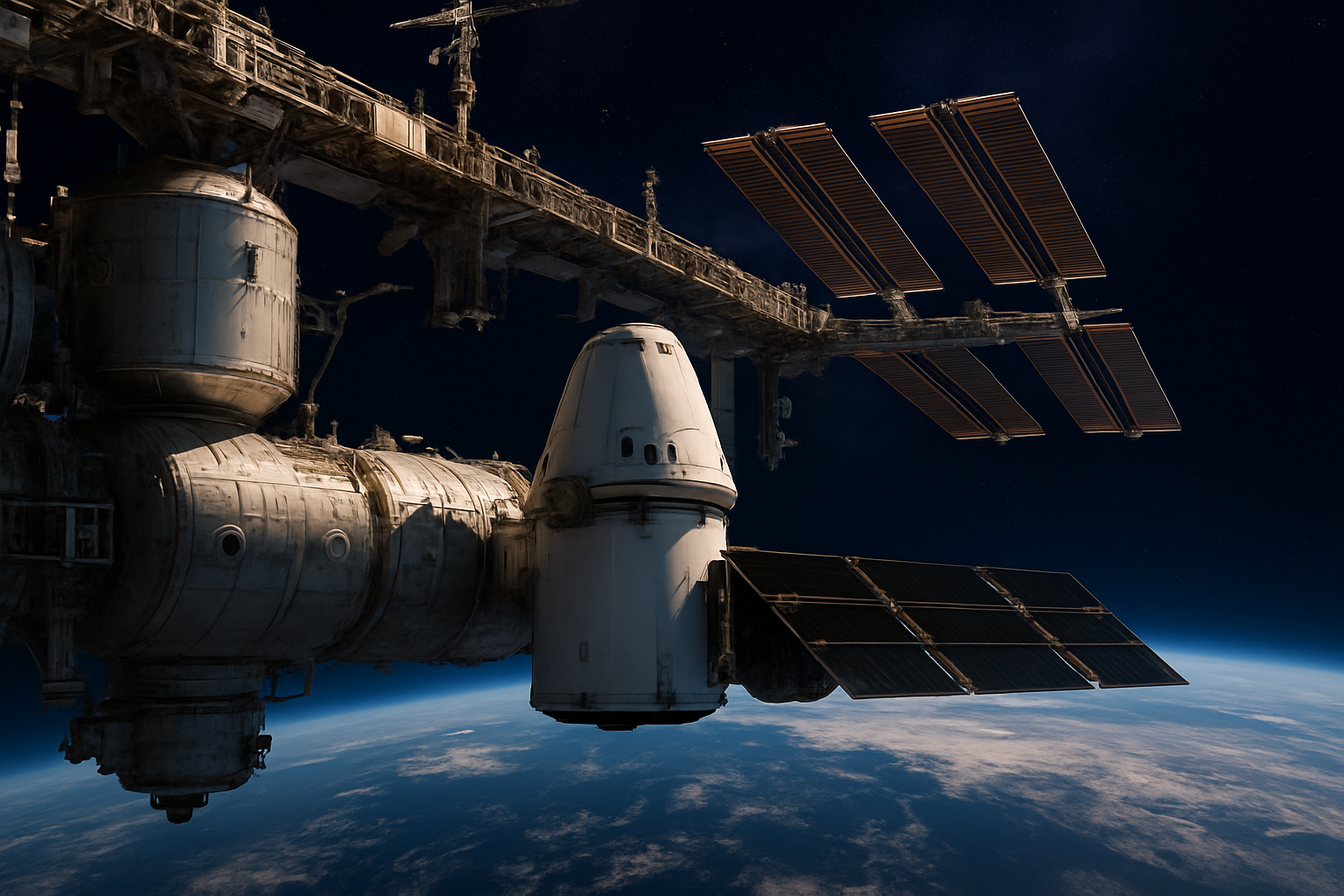 Le vaisseau cargo SpaceX Dragon amarré au module Harmony de l'ISS avec la Terre en arrière-plan, et des panneaux solaires enroulés visibles dans le coffre non p
