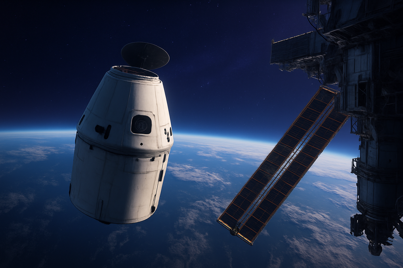 Le cargo spatial SpaceX Dragon en vol au-dessus d'un bleu profond, avec la Terre en arrière‑plan et panneaux solaires déployés représentés à l'arrière plan.