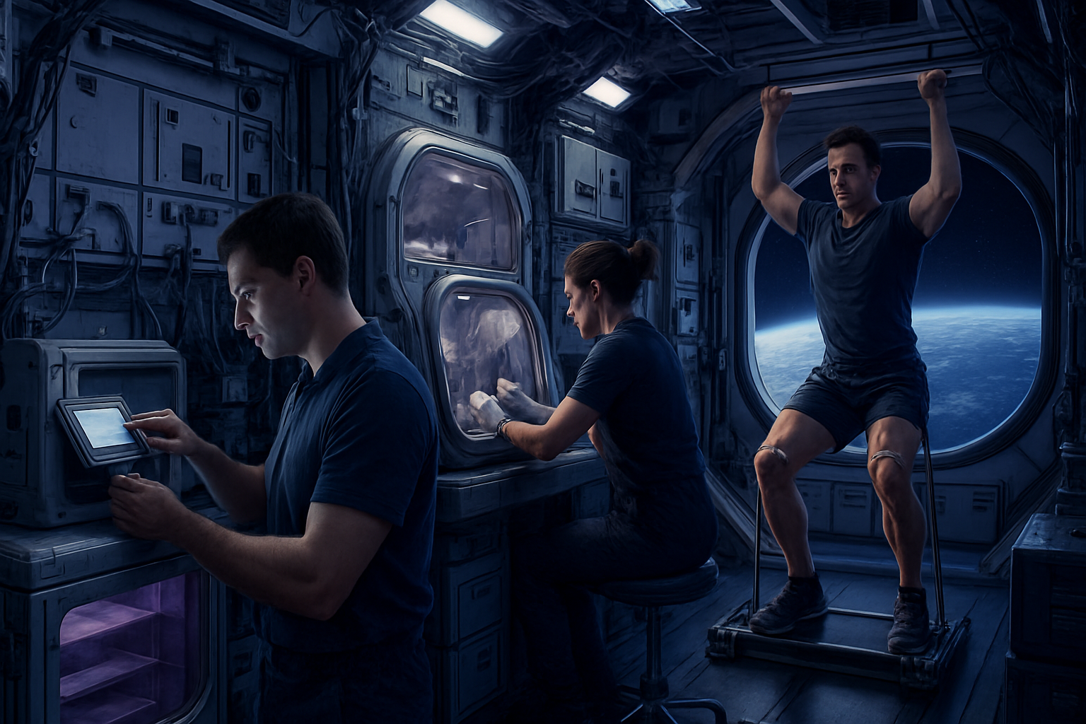 Intérieur de la Station spatiale internationale montrant des modules de laboratoire, un congélateur scientifique et un appareil d'exercice, avec des astronautes