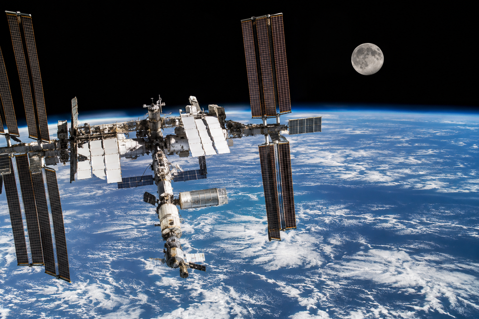 Vue de la Station spatiale internationale au-dessus de la Terre avec la pleine Lune près de l'horizon, illustration des activités scientifiques et d'une future