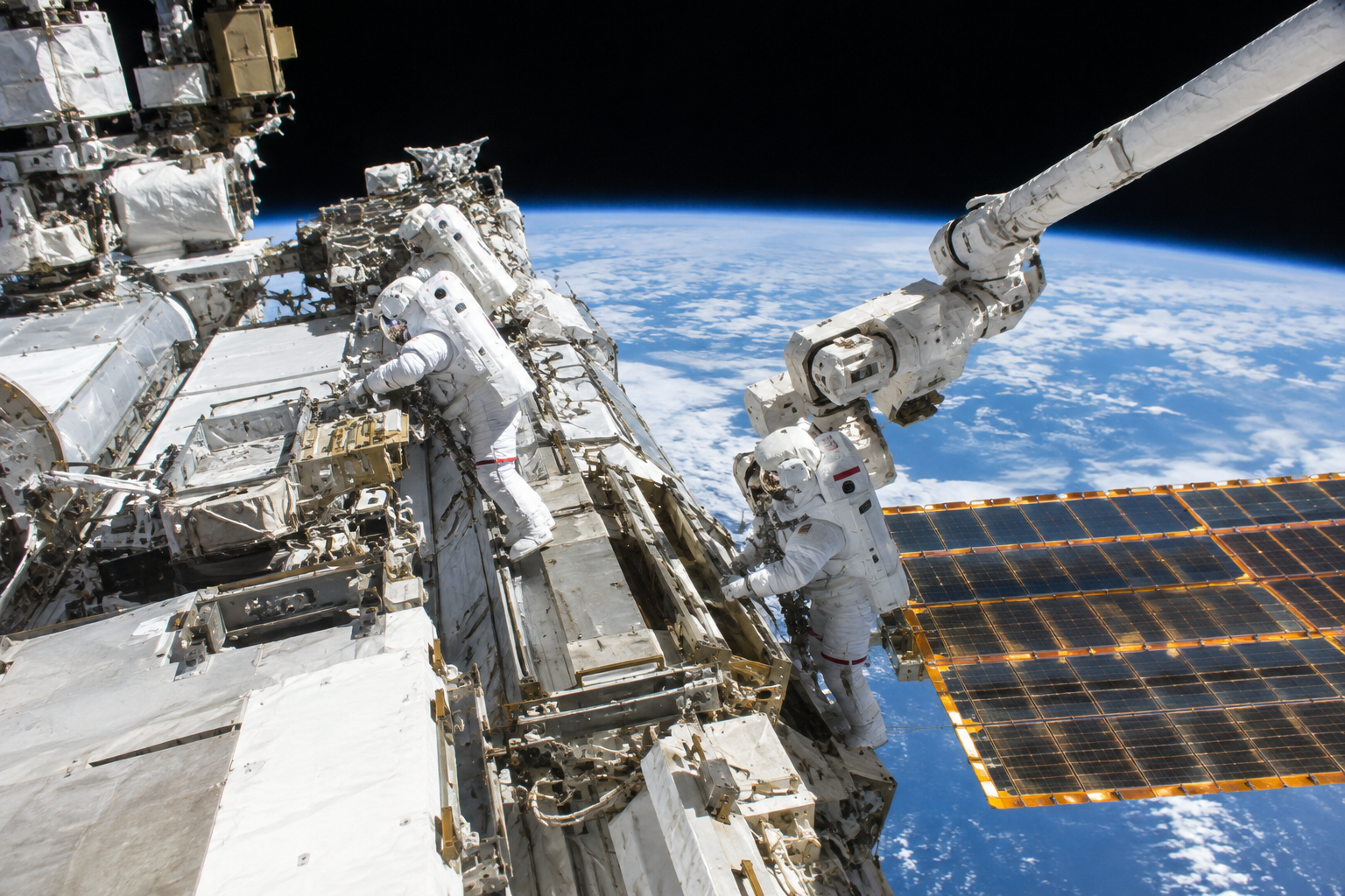 Deux astronautes préparant une sortie extravéhiculaire pour installer un panneau solaire roll-out sur la structure de la poutre de l'ISS, avec le Canadarm2 prêt