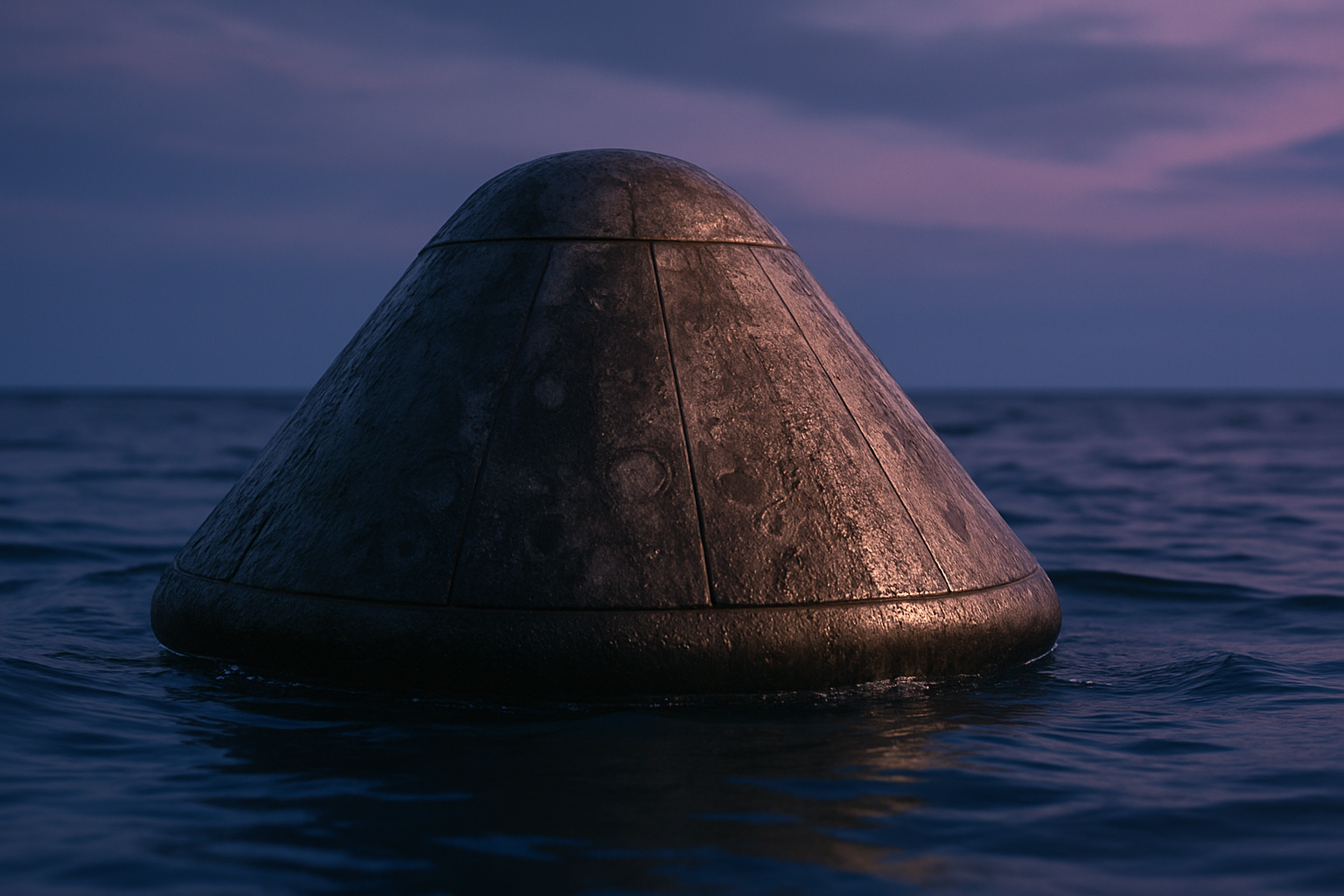 La partie inférieure de la capsule Orion flottant à la surface après un splashdown, avec l'eau autour et des reflets, vue générale du bouclier thermique humide.