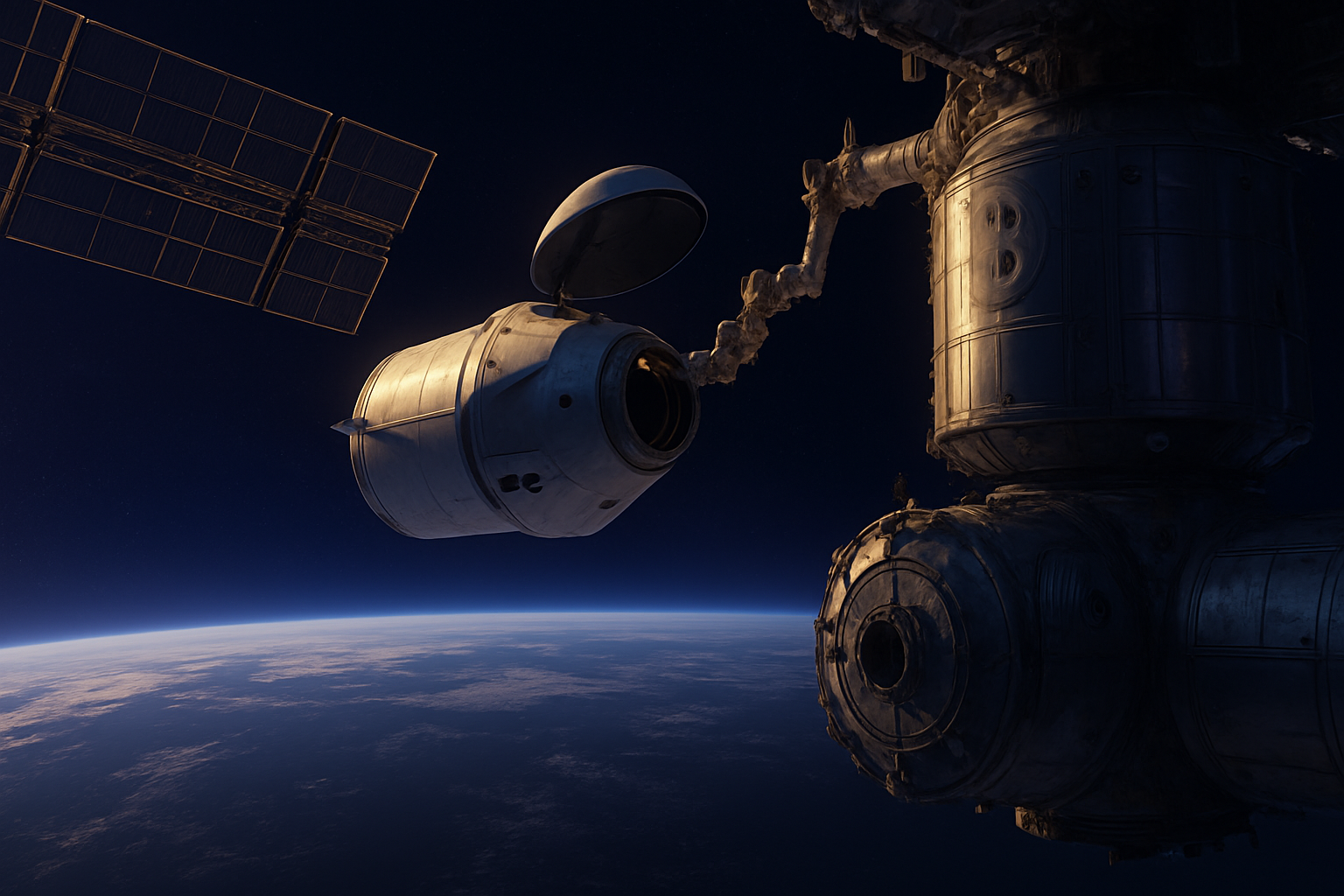 Le vaisseau SpaceX Dragon approchant et amarrant le module Harmony de la Station spatiale internationale au-dessus de la Terre, avec les panneaux solaires de l'